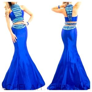 NWT Rachel Allan Beaded Two Piece Mermaid Prom Dress Sz 0 Royal Blue 7079